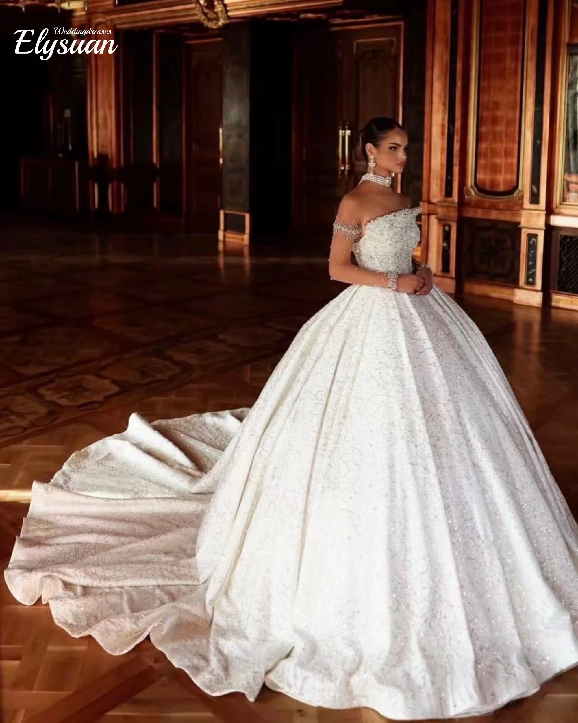 

Customized Ball Gown Royal Luxury Wedding Dresses Sweetheart Off The Shoulder Lace Sequined Bridal Vestidos de Novia