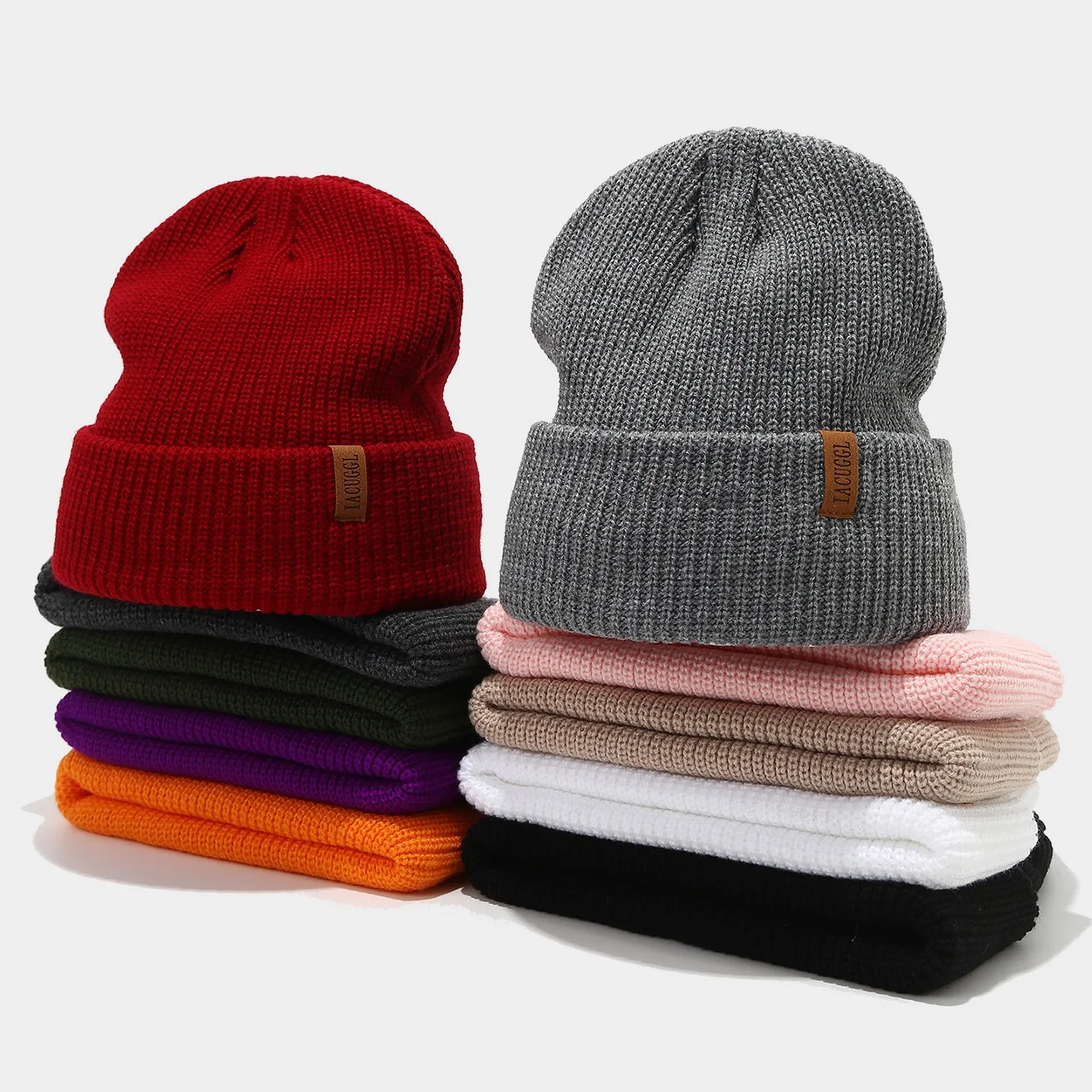 Warm Cozy Knitted Beanie With Leather Labels Scandinavian Style Wool Cold Weather Hat Vintage Unisex Adult Baggy Cap