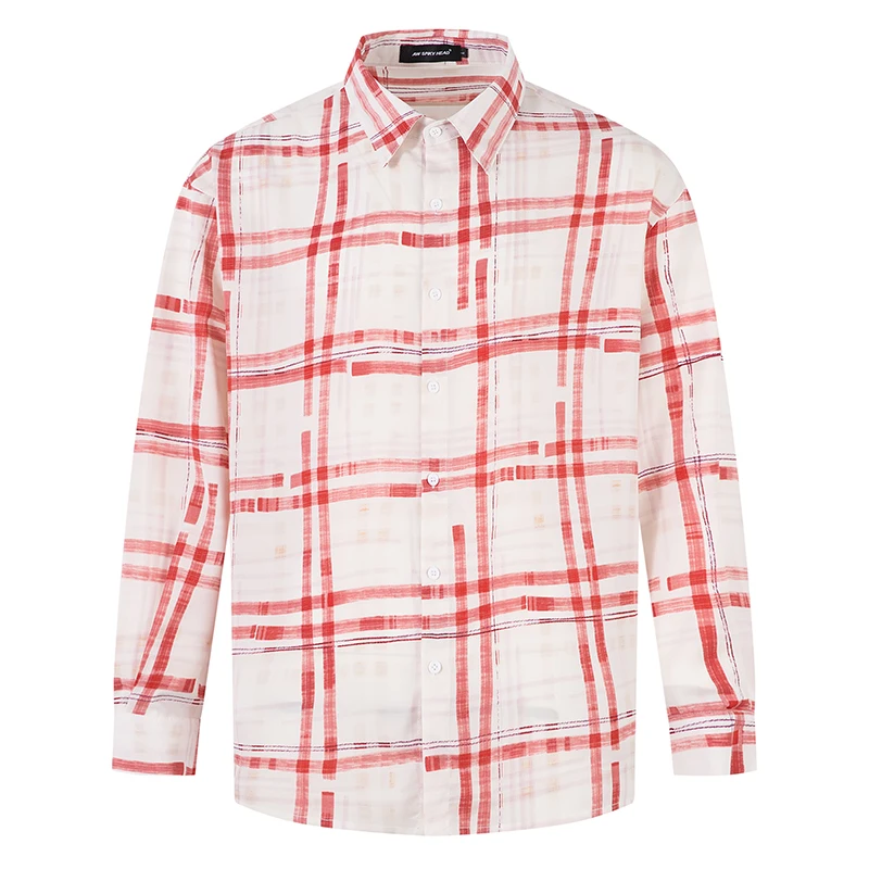 

Men's Long Sleeve Plaid Shirt Red White Checkered Casual Button Up Blouse Streetwear Loose Fit Fashion Tops Spring Fall Clothing