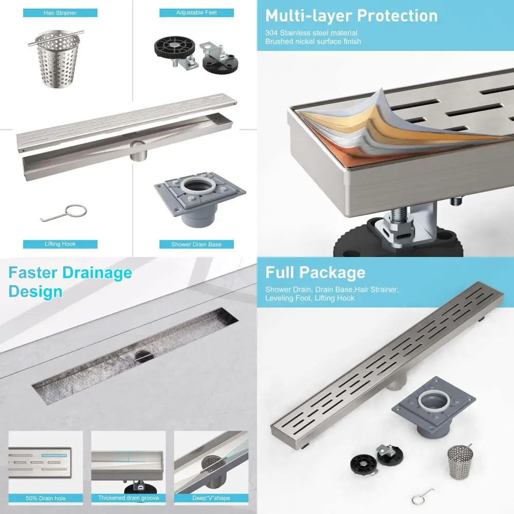 

36 Inch Floor Drain with Removable Quadrato Pattern Grate, CUPC Certified, Stainless Steel Base, Hair Strainer, Leveling Feet