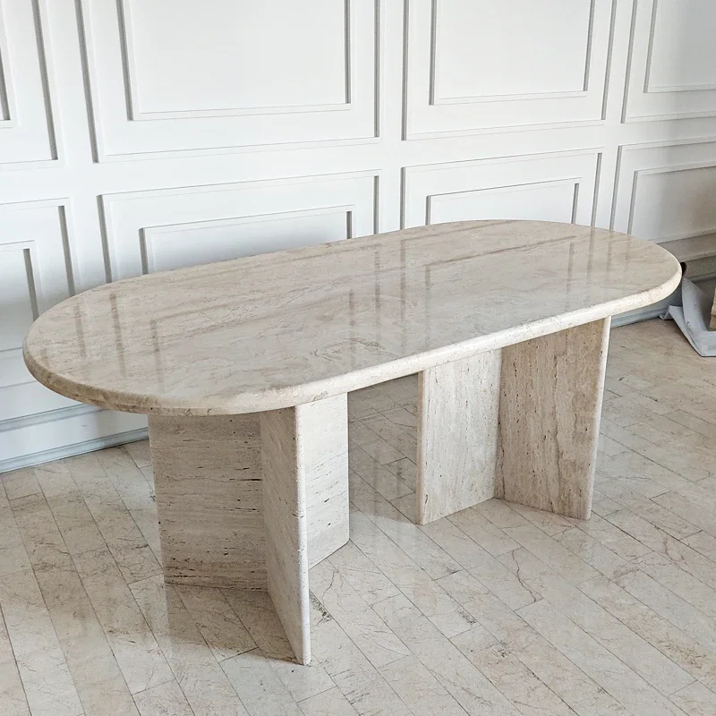 

Travertine long oval natural marble designer negotiation table wabi-sabi dining table custom-made