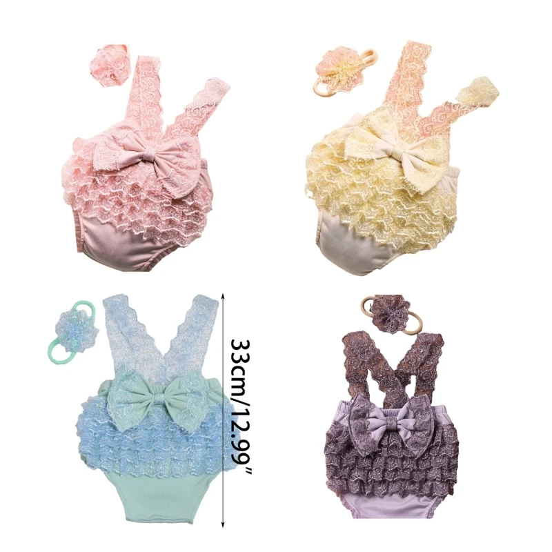 Newborn Photoshoots Set Lace Romper Dress Flower Headband Photo Props Girl Photo Costume Infant Photography Suit 2PCS