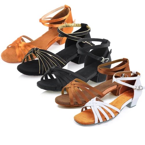 Zapatos latinos de tacón bajo para niñas y mujeres, zapatos latinos de satén modernos para salón de baile Latino, Tango, Salsa, Rumba, zapatos de baile latino