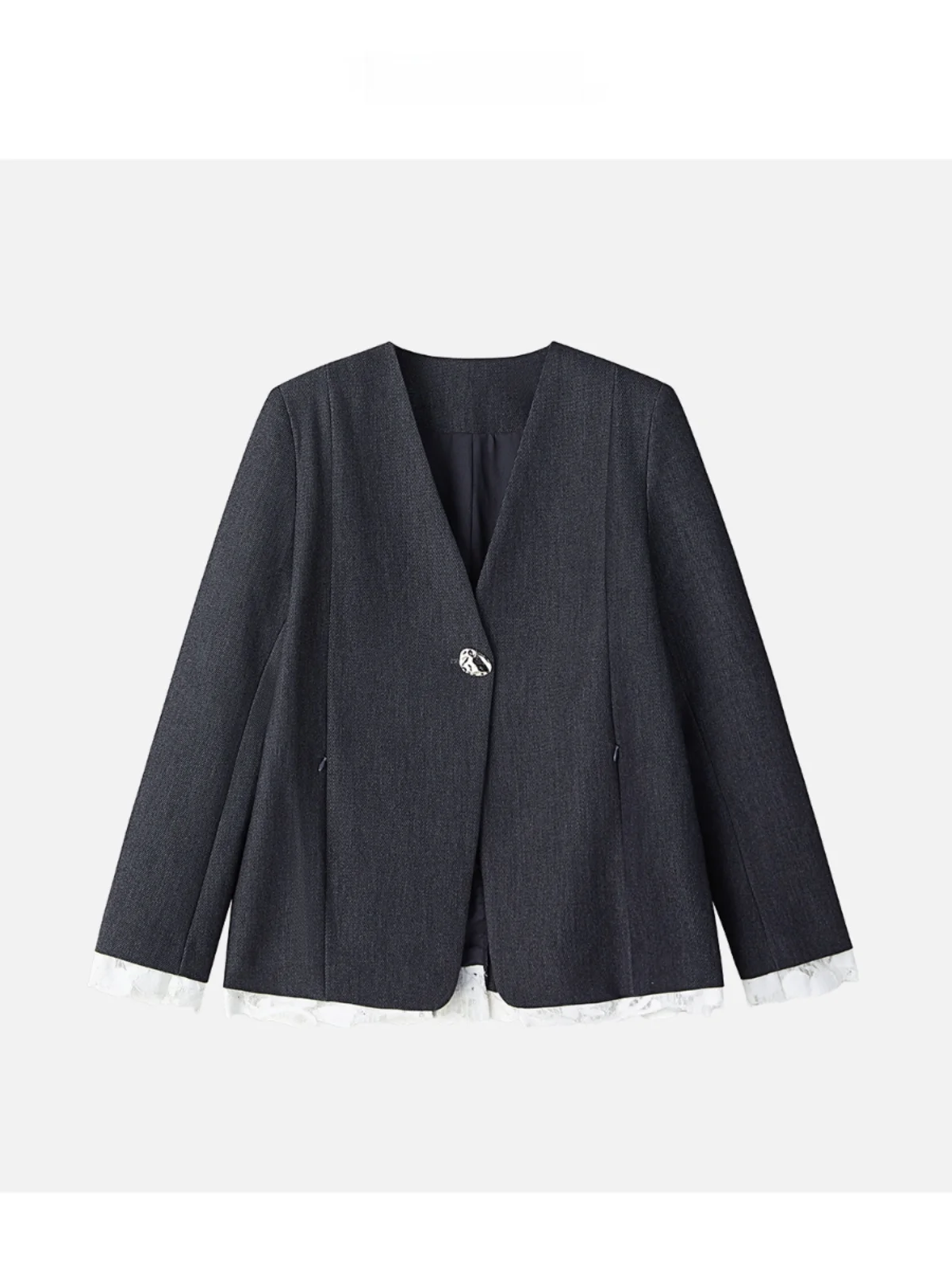 

JINGJING2025 Новый женский костюм с кружевной отделкой, на одной пуговице, с V-образным вырезом, с элементами пэчворка, модная весенняя коллекция