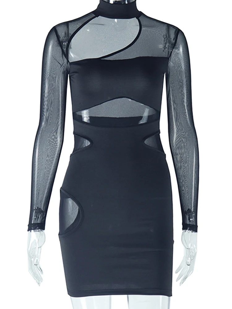 Strano Puss Abito sexy in rete Donna Y2K Patchwork Hollow Solid Zip Tendenza estiva Skinny Elegante Hipster Stretch Bodycon Clubwear