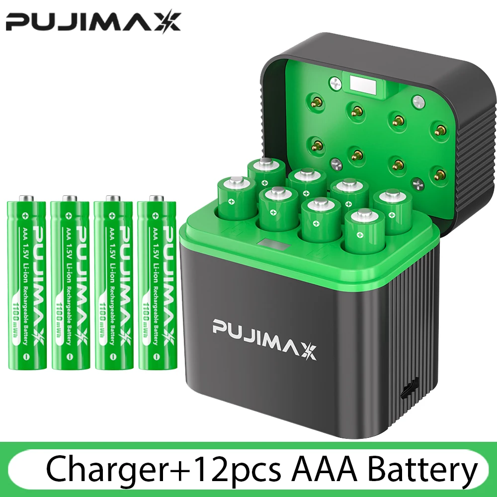 PUJIMAX 1,5 V AAA 1100 mWh oplaadbare lithium-ionbatterij met slimme batterijlader SET batterijen individueel beschikbaar
