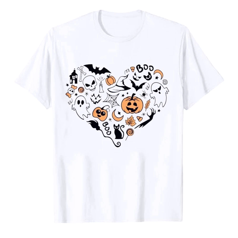 Halloween Heart Shape Doodle Collage Graphic T‑Shirt Men Women Pumpkin Ghost Bat Black Cat Witch Hat Print Casual Cheap Clothes