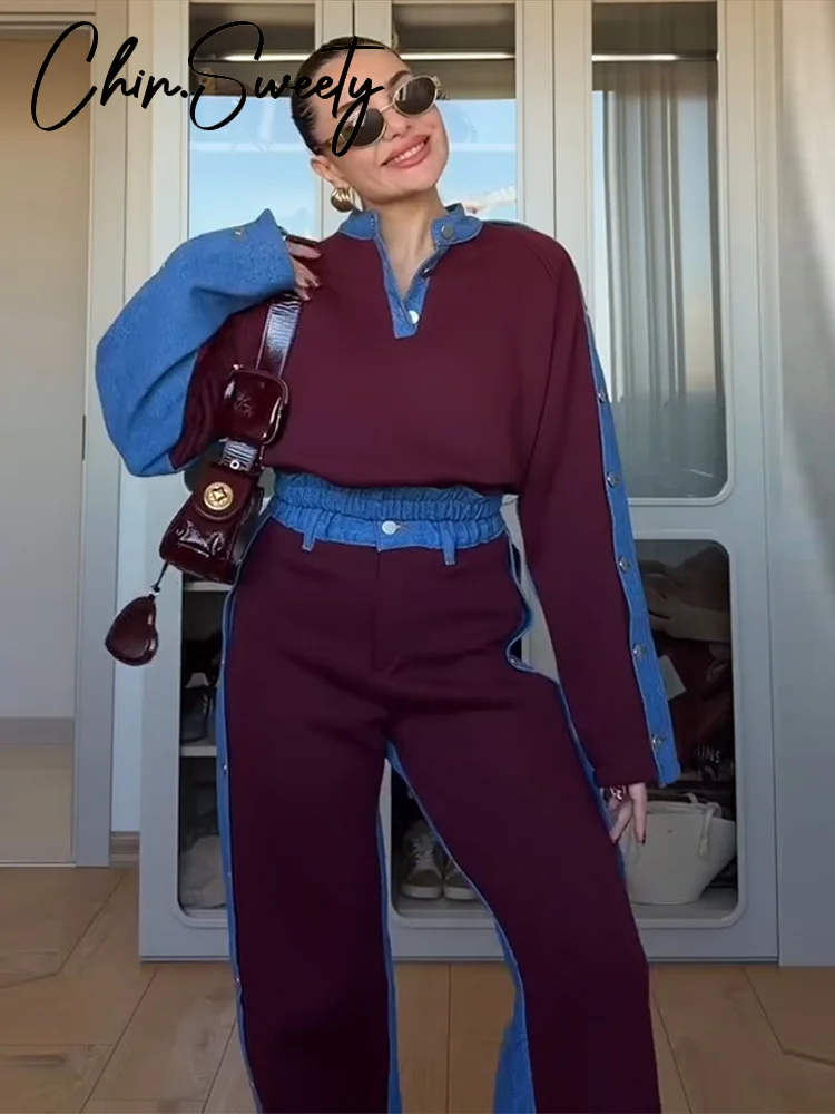 Contrasted Color Women's Sweatshirt Trouser Suits Patchwork Full Sleeve V-Neck Lady Set 2026 Spring Chic 2 Pieces Set Women New