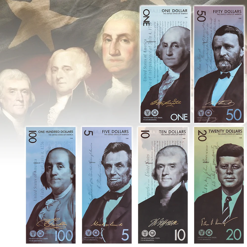 

6pcs Polymer Banknotes Set in Envelope US Presidential Commemorative 1 5 10 20 50 100 Dollars For Collection Christmas Gifts