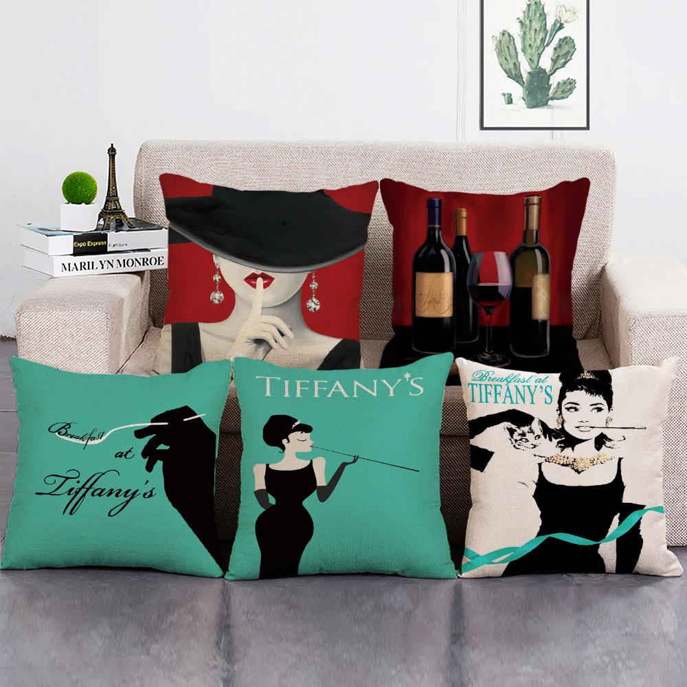 

Fashion Girl Decorative Cushion Cover Romantic Red Wine Print Throw Pillow Case for Bar Home Decor