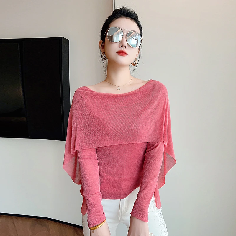Summer,European,Clothes,Mesh,Thin,T-Shirt,Fashion,Sexy,O-Neck,Wraps,Patchwork,Women,Tops,Long Sleeve,Slim,Hot,Tees,New,6814001