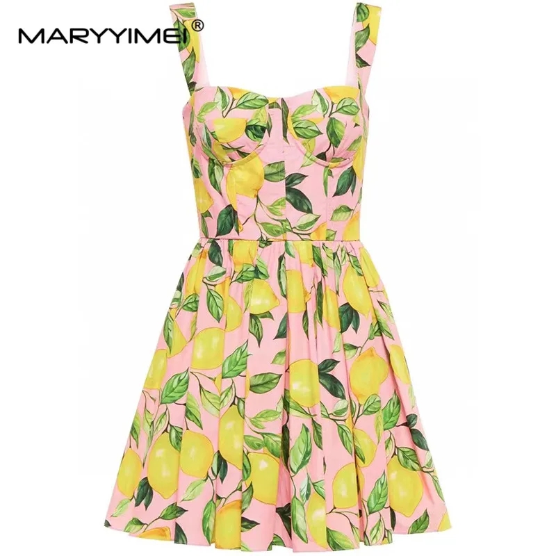 MARYYIMEI Summer Women\'s Cotton dress Spaghetti Strap Floral-Print High Waist Poplin Elegant Cotton Dresses