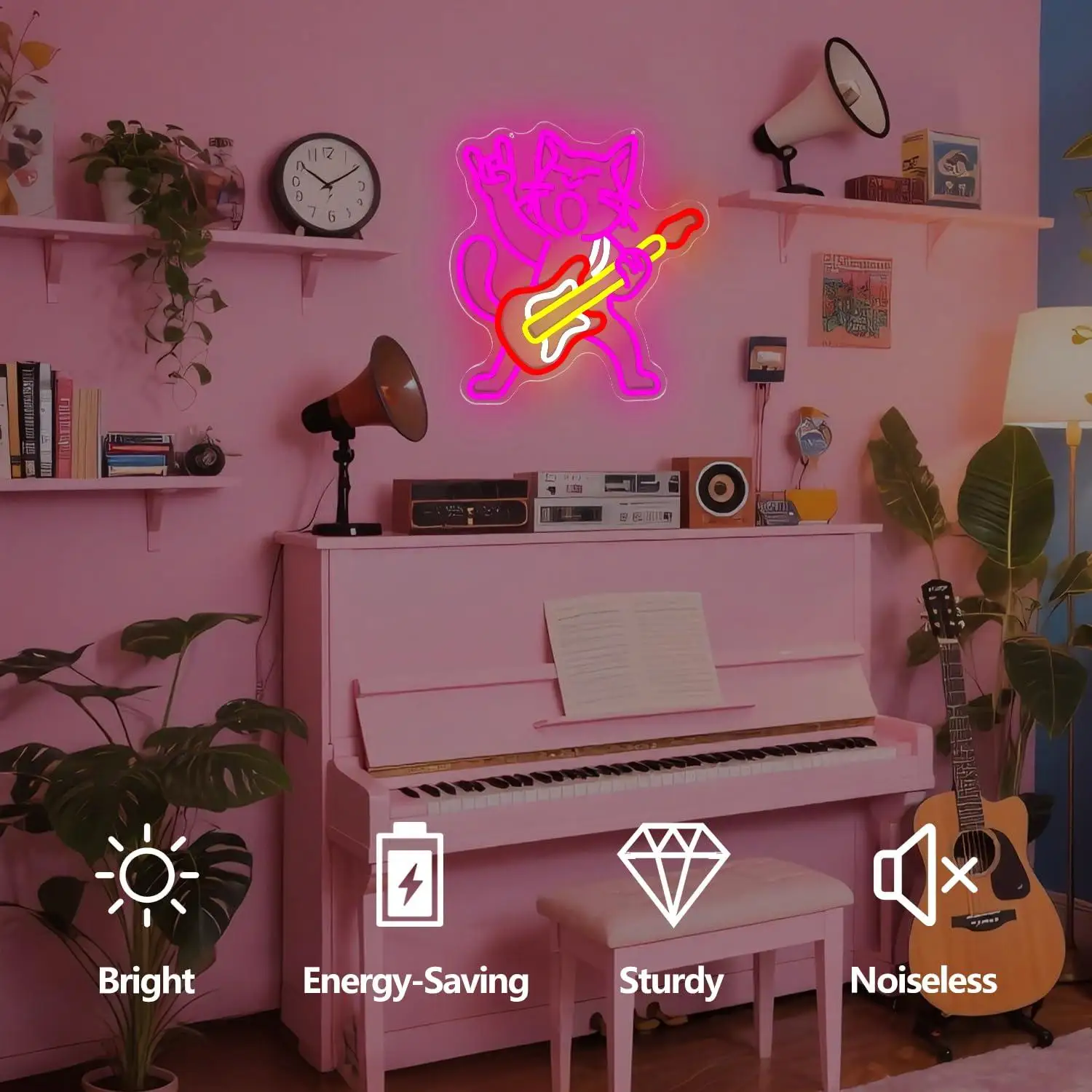 Rock Cat Playing Guitar Neon Sign LED Light Up Sign for Bedroom Bar Music Studio Game Room Wall Decor Birthday Party Gifts