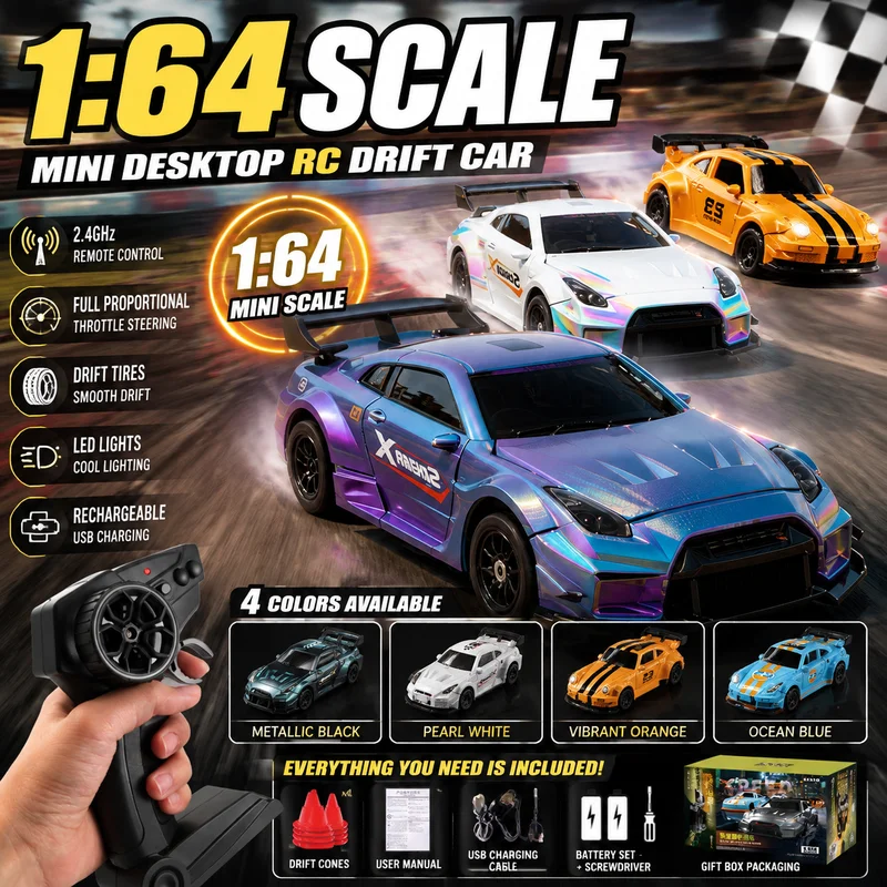 New 2026 Hot 1: 64 Mini Remote Control Car 2.4g Full Scale High Speed Drift Car 4wd Entry Level Racing Car Light Desktop Toy Car