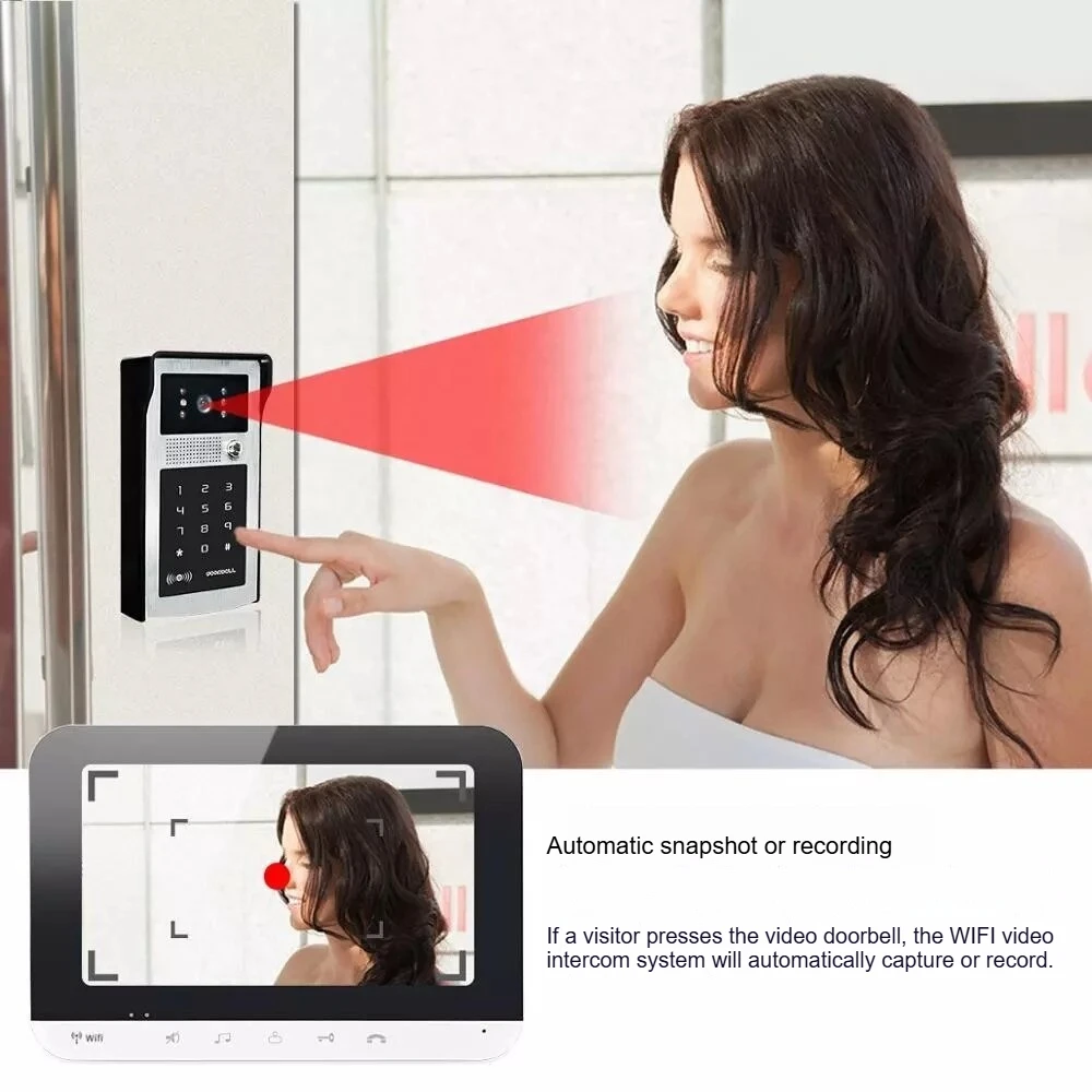 Campainha de intercomunicação de vídeo WiFi com desbloqueio remoto inteligente de sete polegadas, câmera com fio para vila familiar