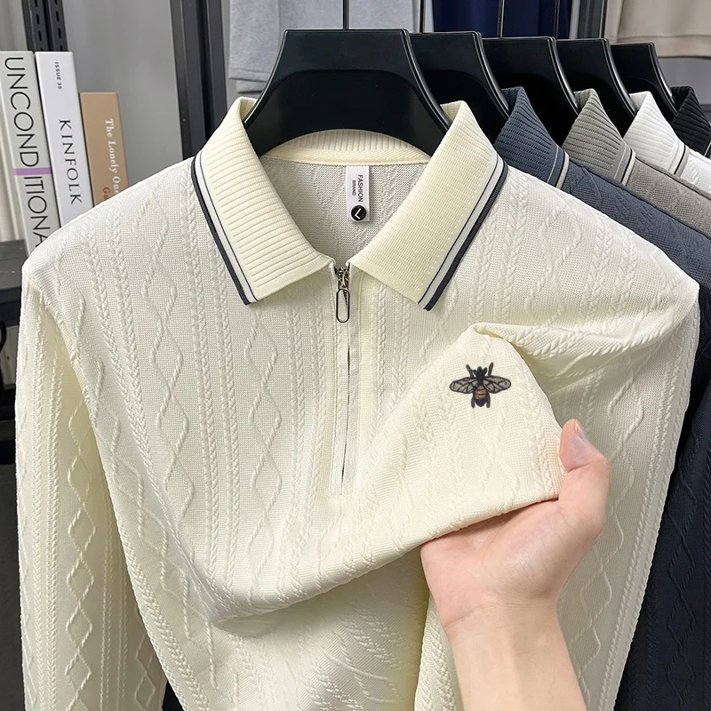 Designer Men's Embroideryed Print Polo Shirt Solid Color Jacquard Long Sleeved Half Zip Lapel T-shirt Fashion Commute Men's Wear