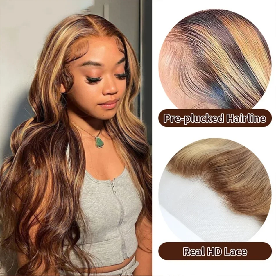 Perruque Lace Front Wig naturelle Body Wave à reflets, 13x6 hd, pre-plucked, P4/27, couleur Blonde et brune, pour femmes