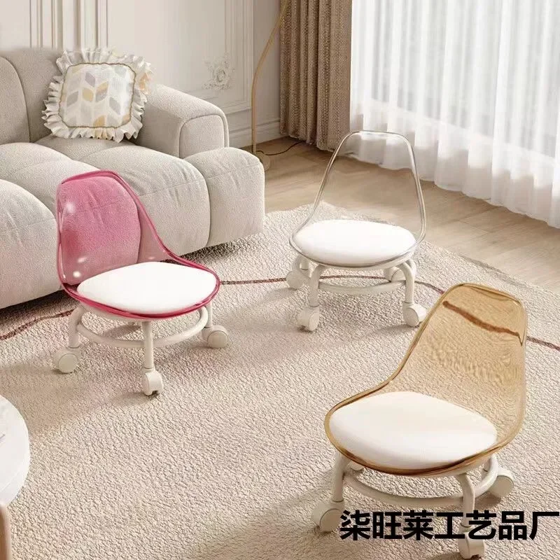 Low Stool with Wheels Small Stool with Universal Wheels Transparent Acrylic Backrest Stool Mobile Small Chair Shoeshine