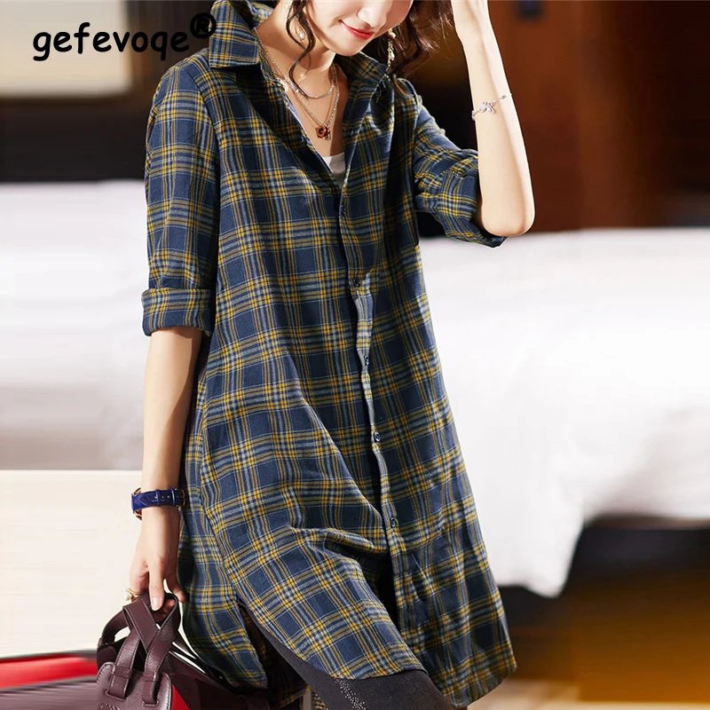 

Women Clothes Classics Vintage Plaid Streetwear Loose Shirt Dresses Spring Autumn Fashion Long Sleeve Irregular Midi Dress Robe