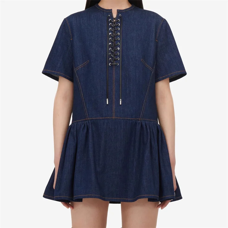 

Women's dress New retro washed pure cotton denim dress for autumn 2024 Lace up decoration short sleeved mini dress Short dresses