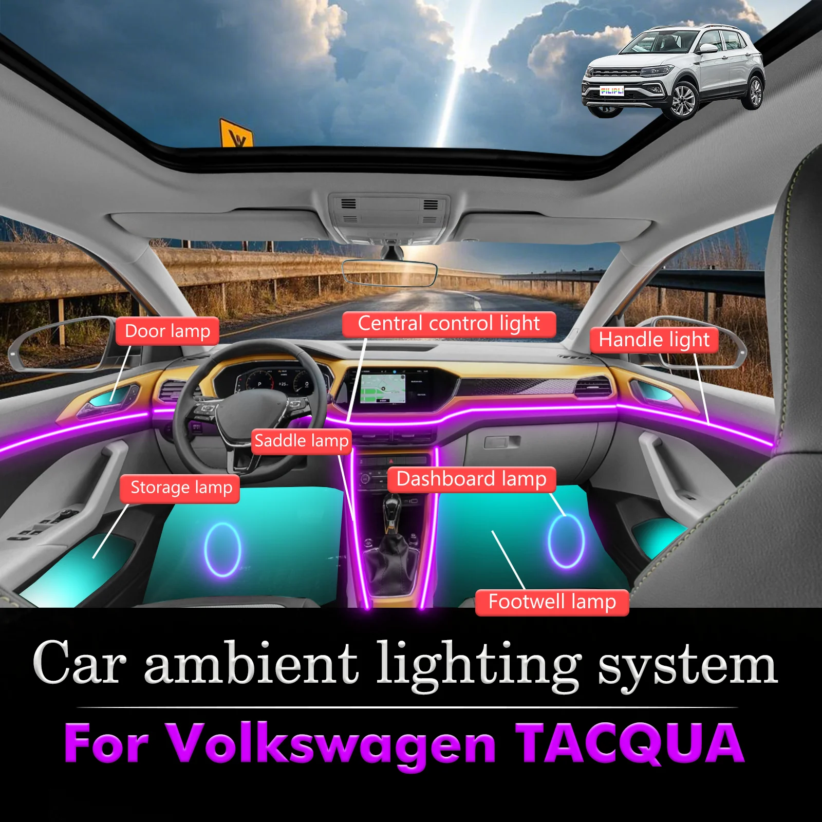 

For Volkswagen TACQUA RGB 64 Colors LED Smart Remote Control Car Interior Ambient Light Energy Saving Efficient Lamp Set