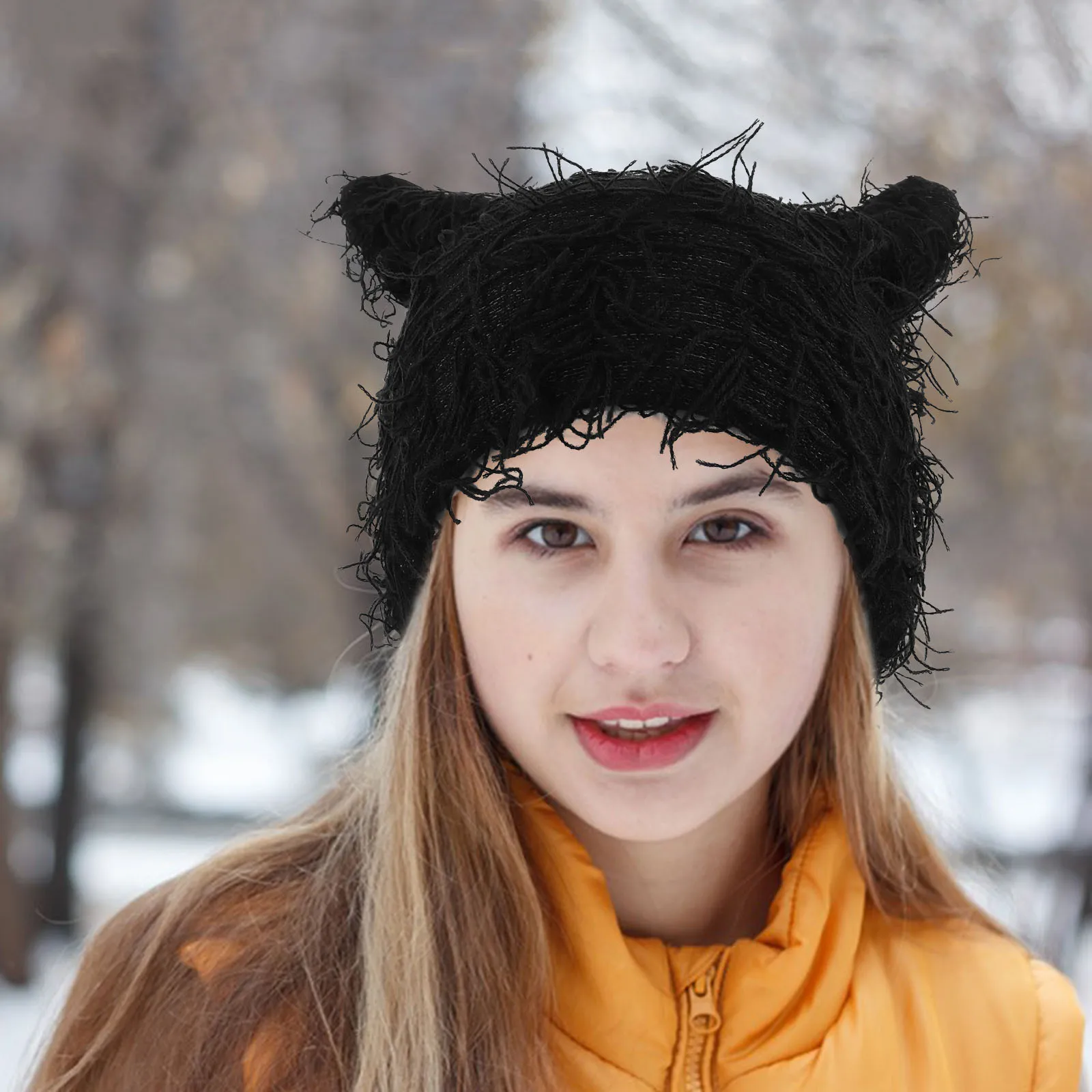 

Knitted Cat Ear Beanie Thick Warm Winter Hat Black Cute Animal Ear Cap Outdoor Activities Hat for Men Women