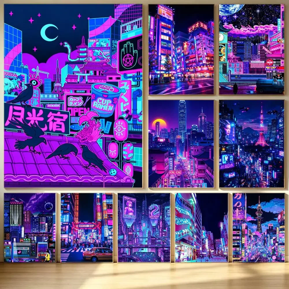 Neon Tokyo Cyberpunk Cityscape Poster HD  Printing Soothing and Cream Style Home Decor for the Living Room cafes Gift Giving