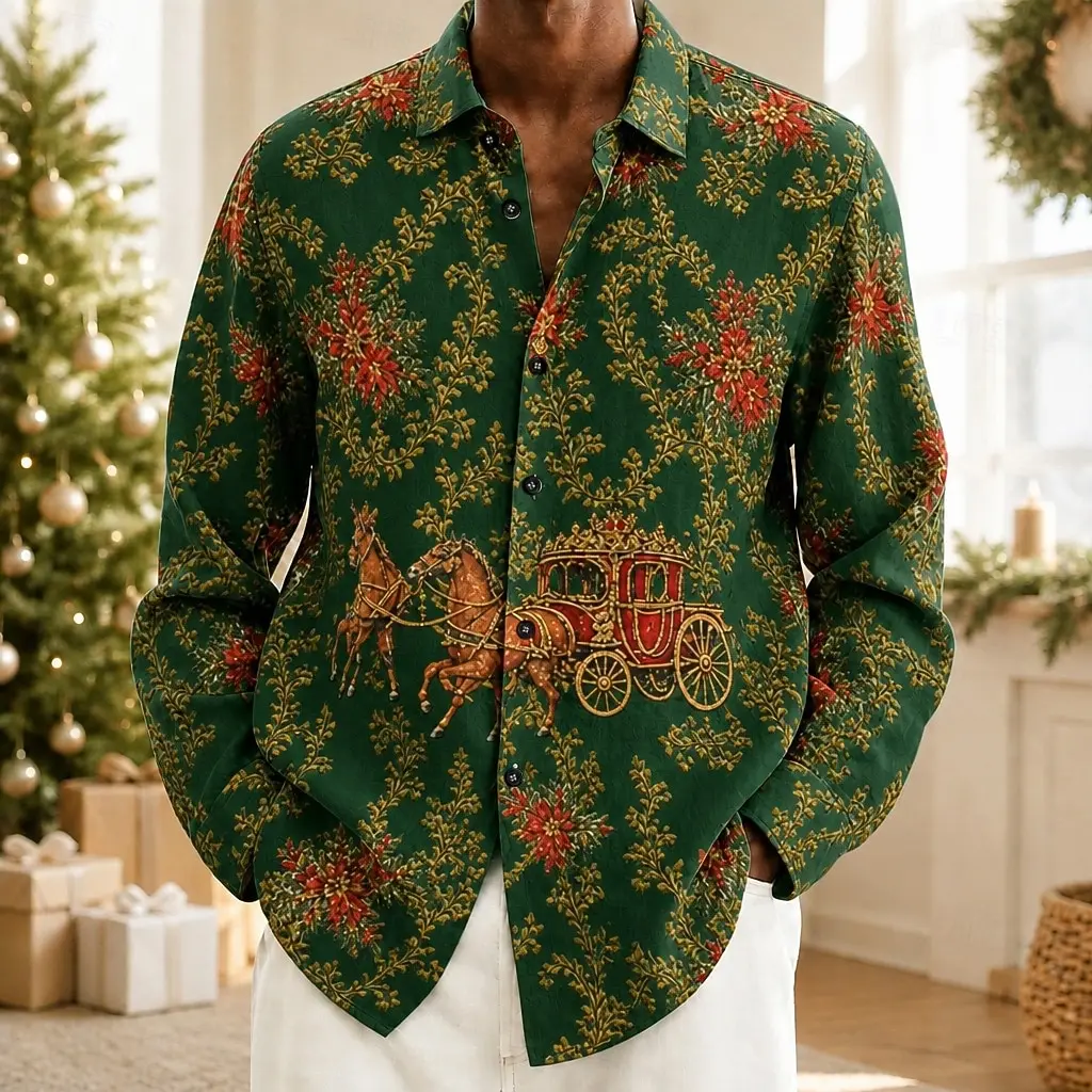 Christmas Printed Long Sleeve Shirt, Vintage Carriage Xmas Button Down Shirt Holiday Party Retro Floral Print Men's Casual Shirt