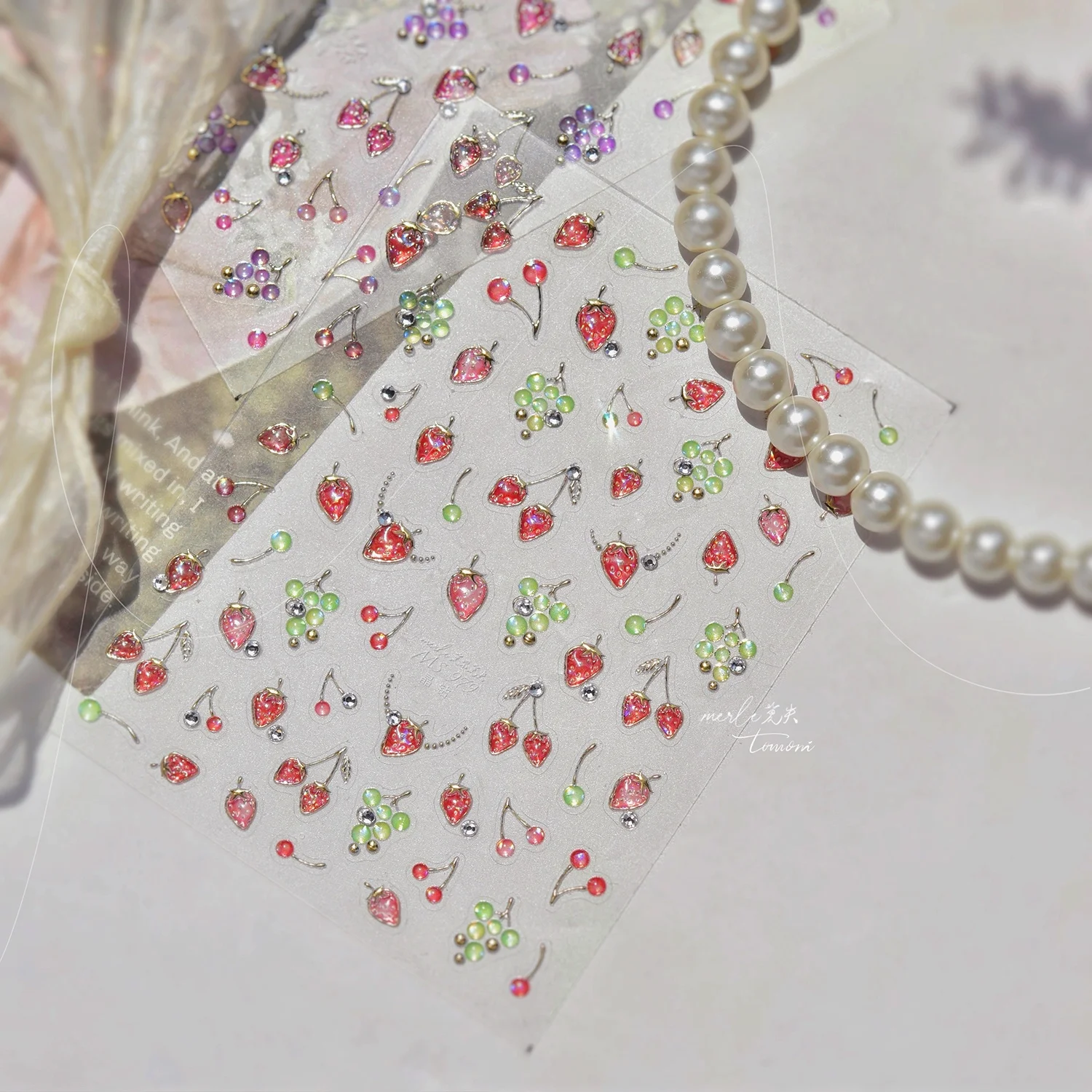 1PCS 5D Fruit Series Nail Stickers Strawberry Necklace Grape Pendant Self-Adhesive Nail Accessories Cherry Pendant Nail Parts
