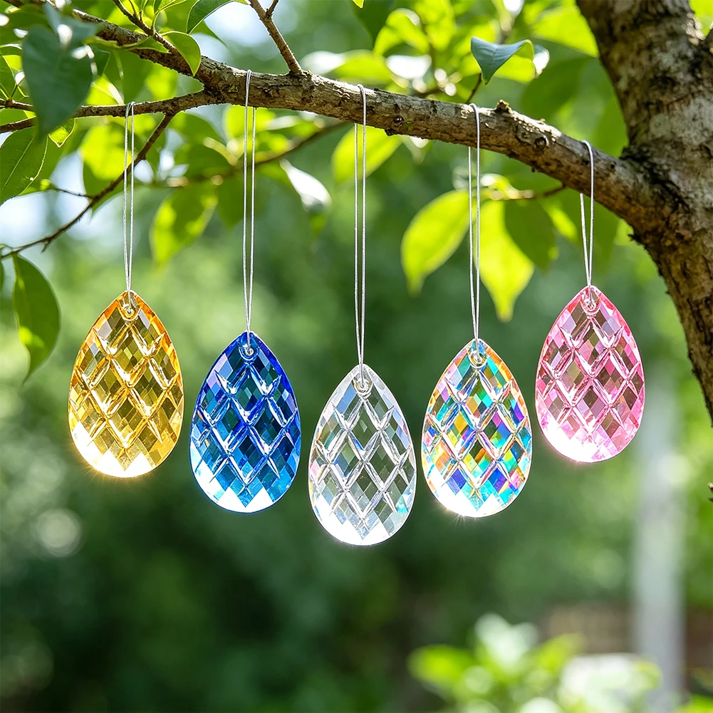 D9 2Pcs Faceted Grid Drop Crystal Glass Prism Hanging Suncatcher Chandelier Parts Lucky Window Pendant Rainbow Maker Party Decor