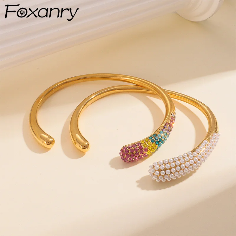 Foxanry 316L Stainless Steel Pearl Zircon Cuff Bracelet For Women Simple Fashion Elegant Sweet Non-fading Anniversary Jewelry