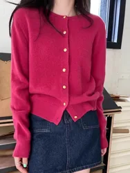 This year's popular raspberry color round neck 100%cashmere knit cardigan women's sweater autumn and winter wool top short coat