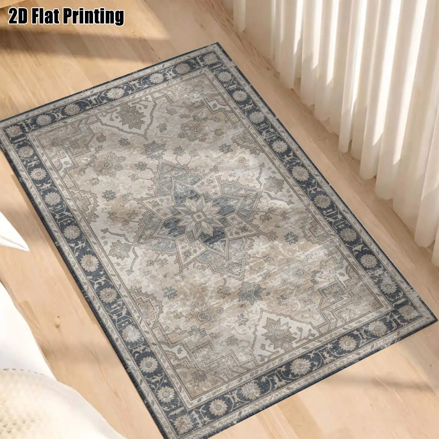 1Pc 2D Printed Carpet: Blue-Grey Retro Geometric Patterns, European/Vintage/Bohemian Style, Home Decor Floor Mat, Multi-Size, Machine Washable, Ideal for Entrance, Living Room, Bedroom, Dining Room, Foyer
