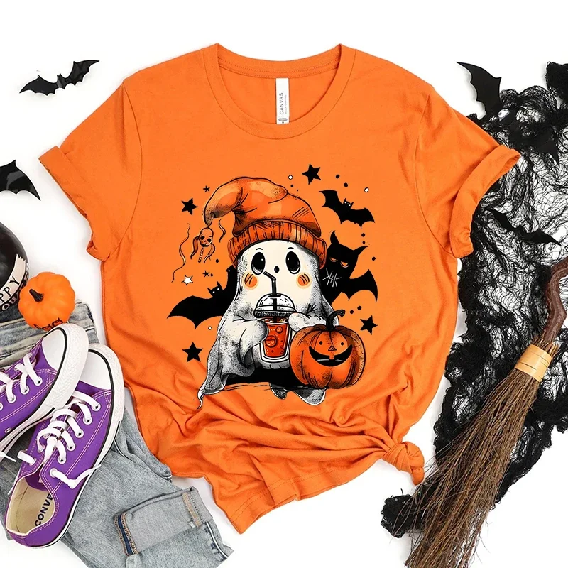 女性用サマーTシャツ、カボチャとゴーストのデザインのカジュアルトップ、ハロウィーンやギフトに最適