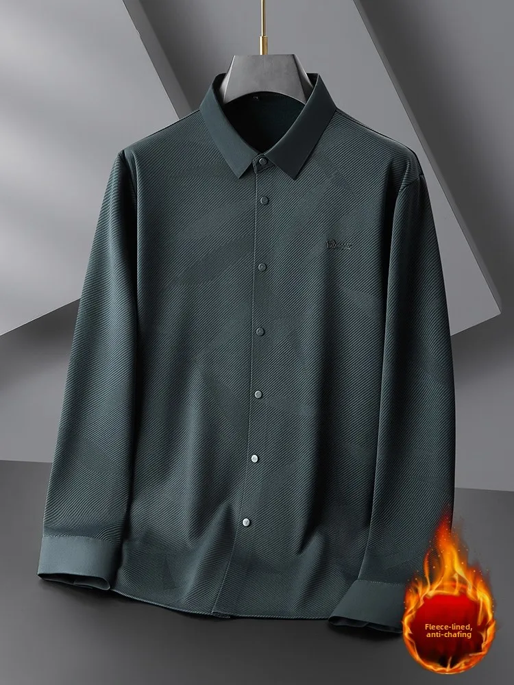 

Men's plus Size Fleece Lined Long Sleeve Shirt Casual Business Loose Elastic Iron Free Dressing Winter Fashion City Life