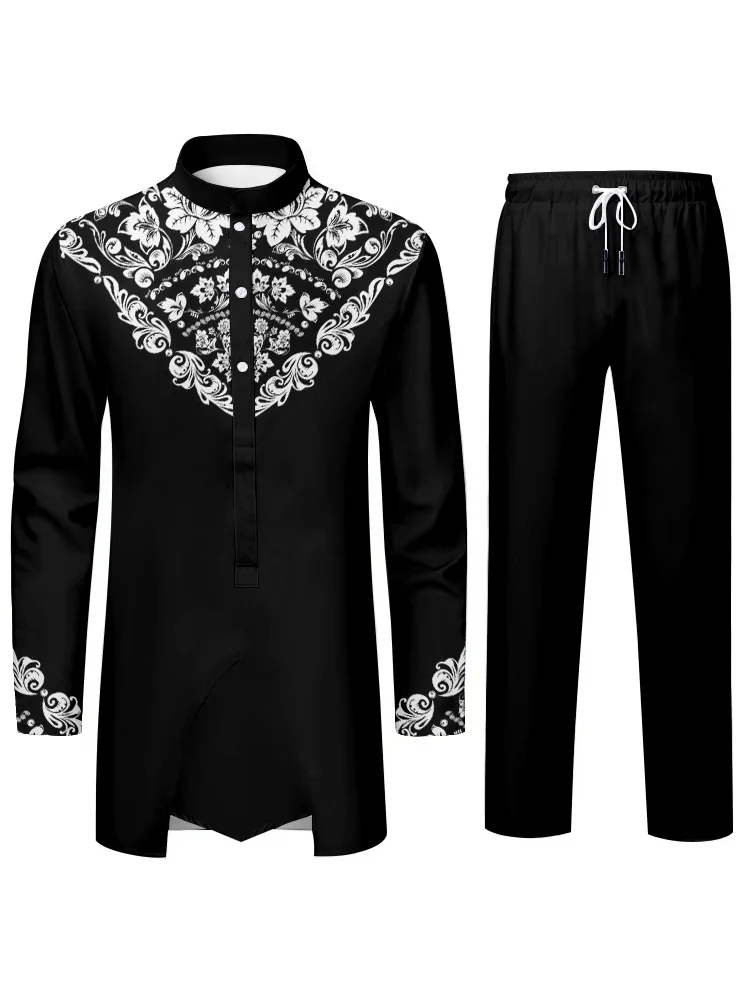 Muslim Mens Suit Islamic Culture 3D Printing Printing Traditional Costume Blouson Collar Long Sleeve Top and Trousers Two Piece