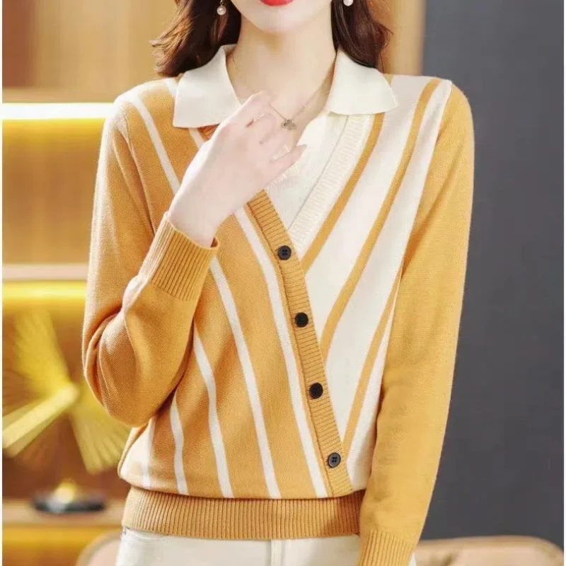 Spring Autumn New V-neck Long Sleeve Fashion Sweater Women High Street Striped Fake Two Pieces Pullovers Elegant All-match Tops