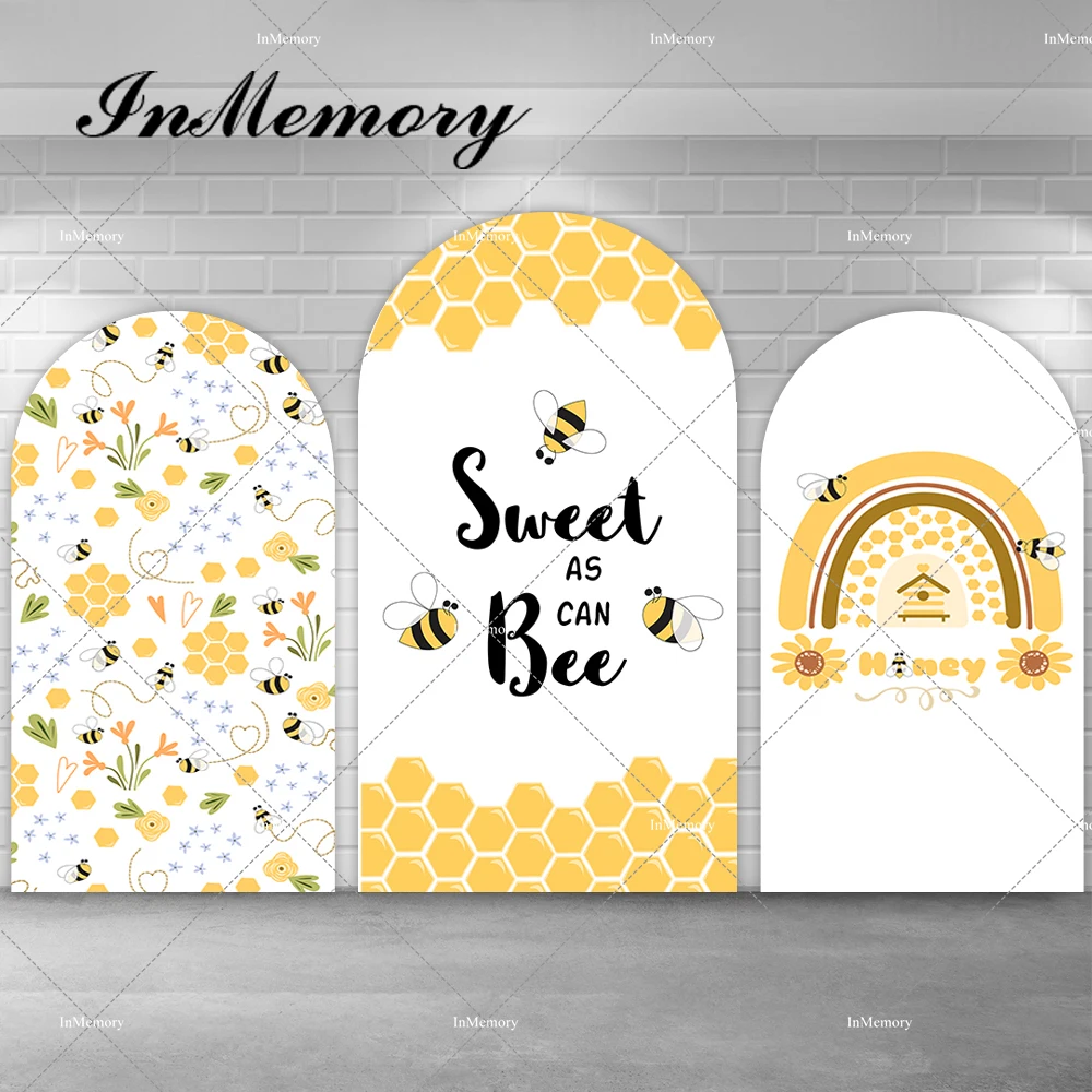 

Фон с изображением арки на день рождения с 1-летним днем, милая пчела, тема в полоску, желтая пчела, сотовый декор для вечеринки, фон для фотостудии