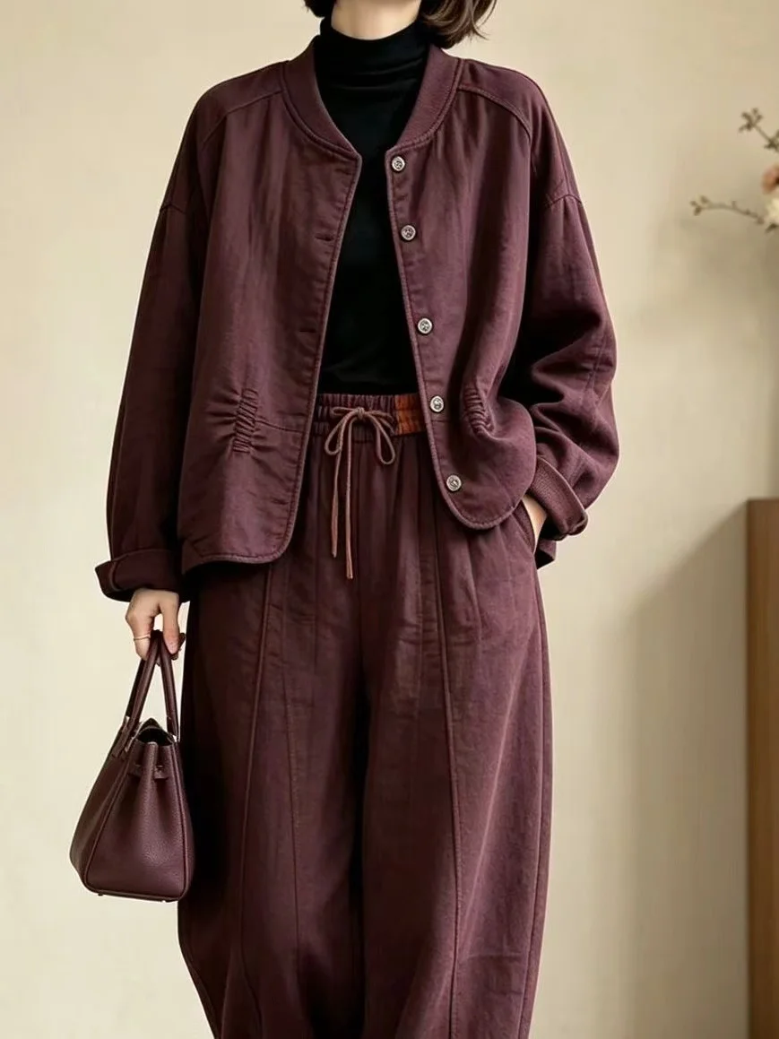 Casual round Neck Shirt Jacket Pants Set Fashionable Versatile Korean Style Commute Wind Lightweight Long Sleeve