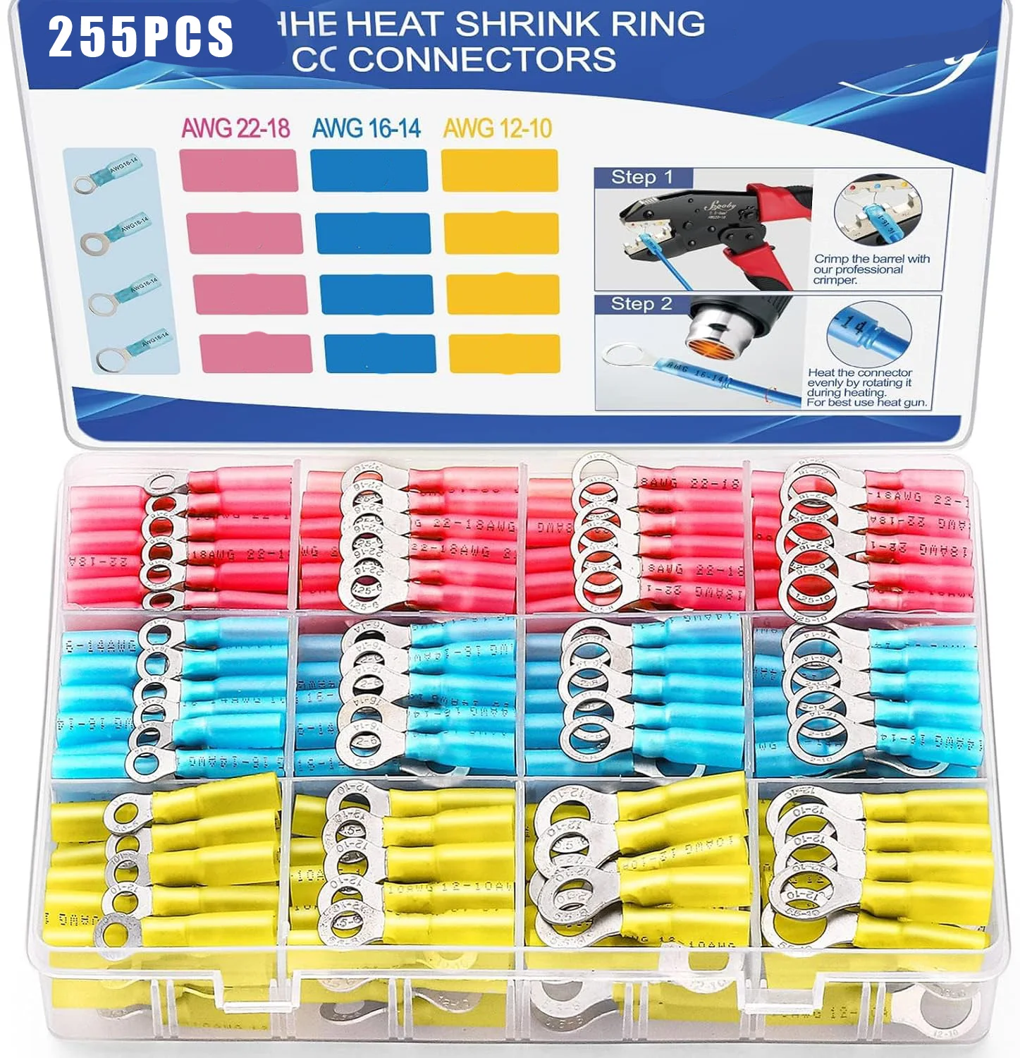 255 electrical connectors, AWG 22-10 marine/automotive wiring terminal assembly, ring-type electrical mating connectors, tin-plated copper #10, 1/4 inch, 5/16 inch, 3/8 inch ring terminals