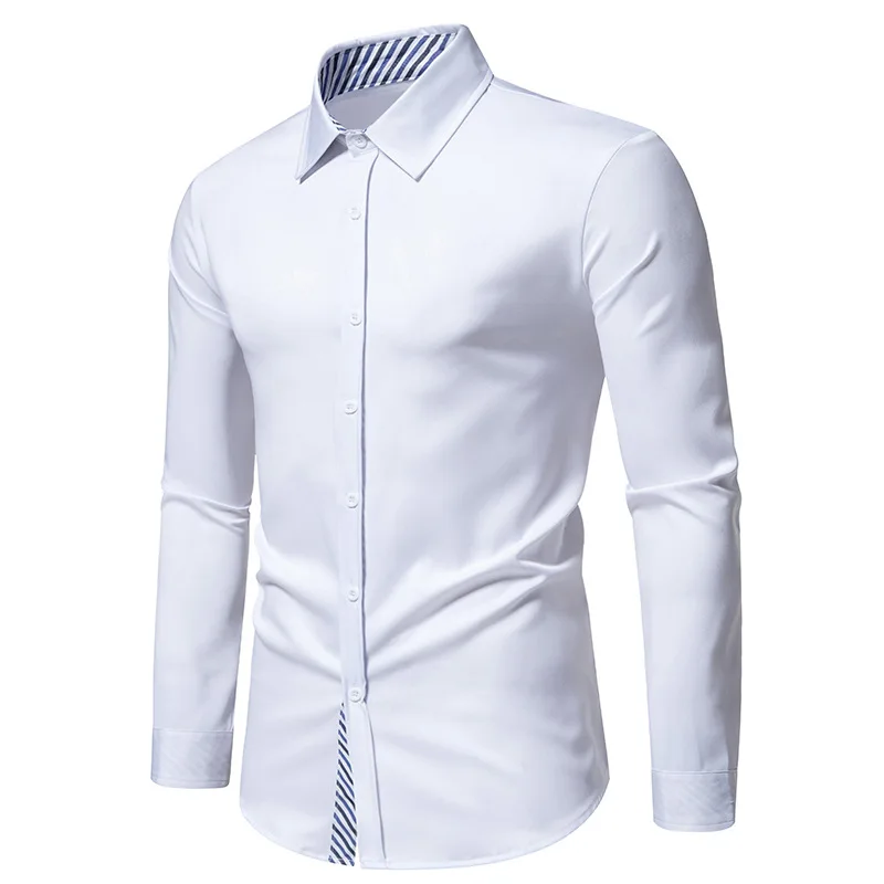 Men's Formal Long Sleeve Dress Shirts Stripe Patchwork Business Workplace Office Shirts Wedding Dinner Banquet Chemises Hombre