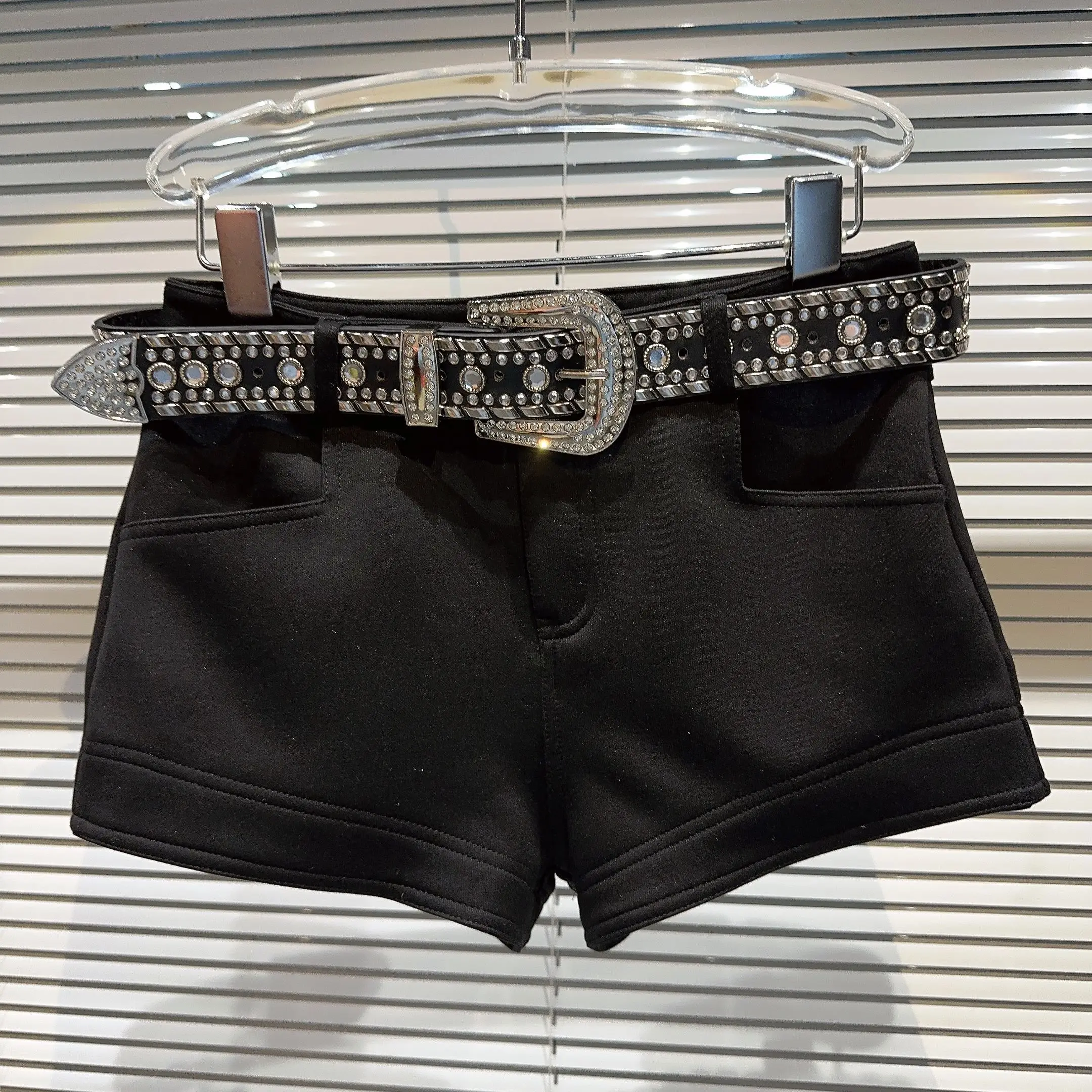 Dark Girl Super Short Shorts Heavy Work Large Particle Water Diamond Belt Design Hot Girl Style Straight Leg Pants Polyester ...