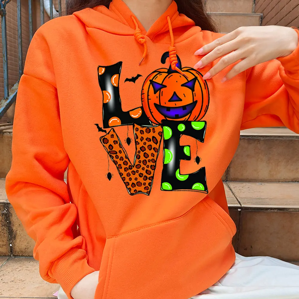 Funny Love Pumpkin Spider Web Halloween Unisex Sweatshirt Halloween Monster Bat Graphic Printed Hoodie Halloween Orange Hoodies