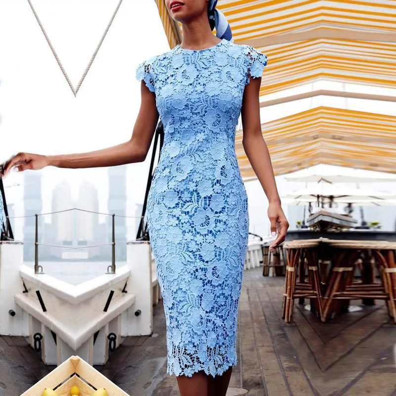 

2025 New Fashionable Women's Round Neck Lace Short Sleeved Mid Skirt Sexy Dress European and American Women's Clothing
