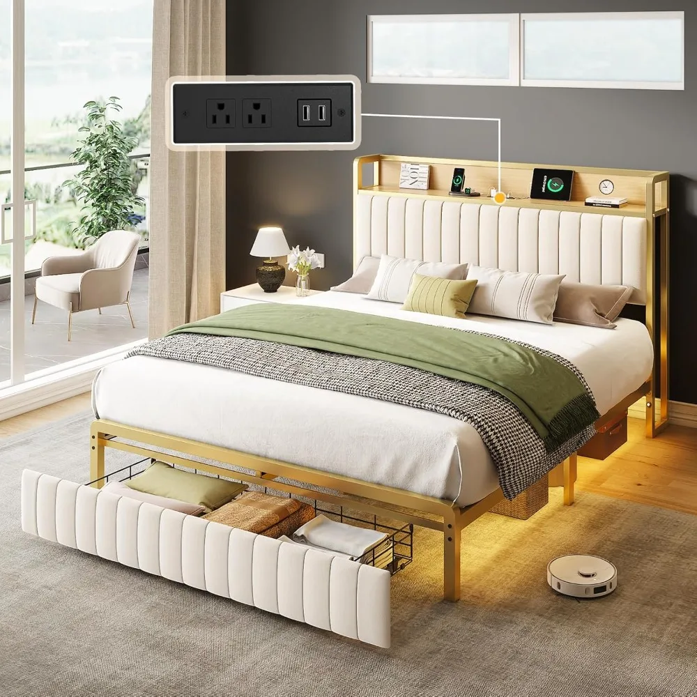 Queen Size Bed Frame with Motion Activated Light, LED Platform Bed with Integrated Drawer and Storage Headboard, Gold & Cream