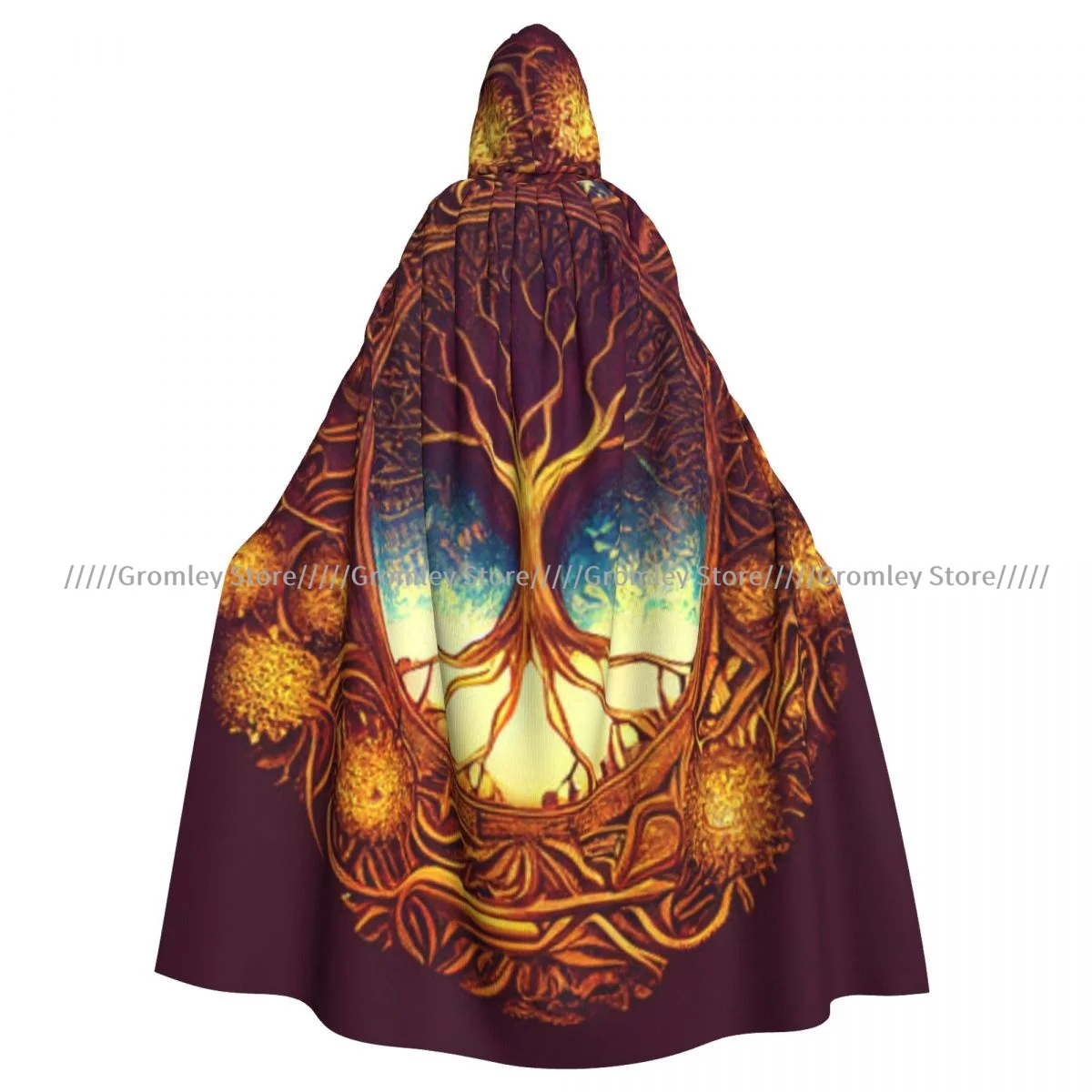 Medieval Halloween Cosplay Cloak Hooded Coat Tree Of Life Yggdrasil Print Cape Coat Long Trench Costume Wizard Cloak