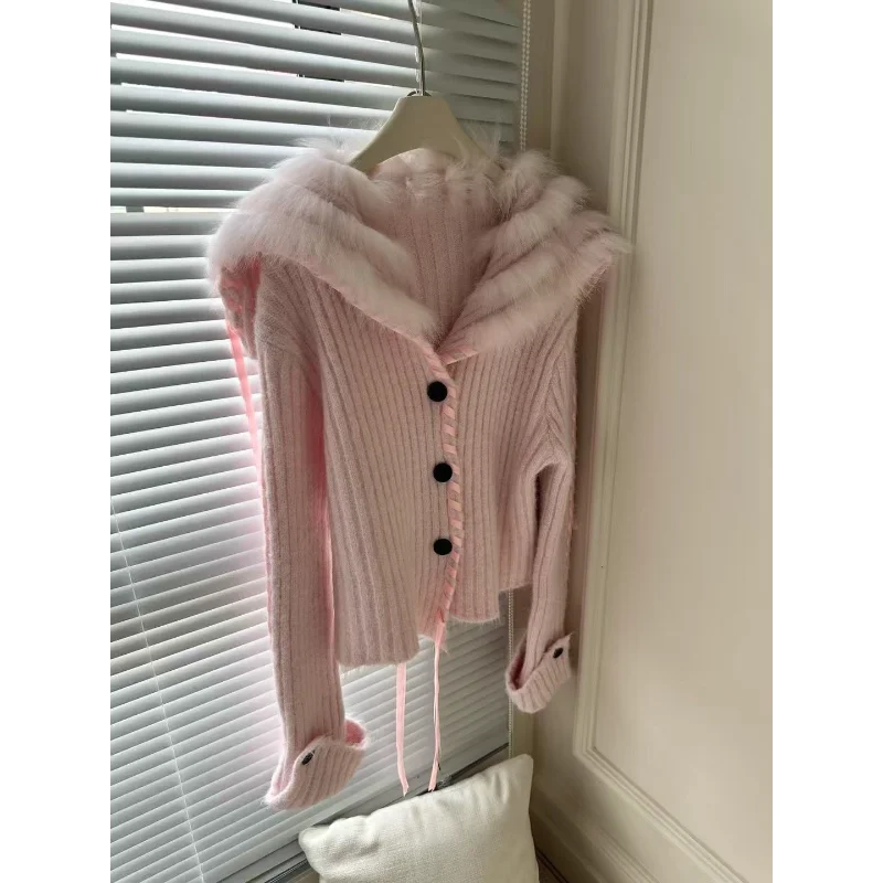 Cardigan lavorato a maglia con colletto dal design retrò autunno e inverno Top nuovo maglione lavorato a maglia con collo in pelliccia Top casual alla moda