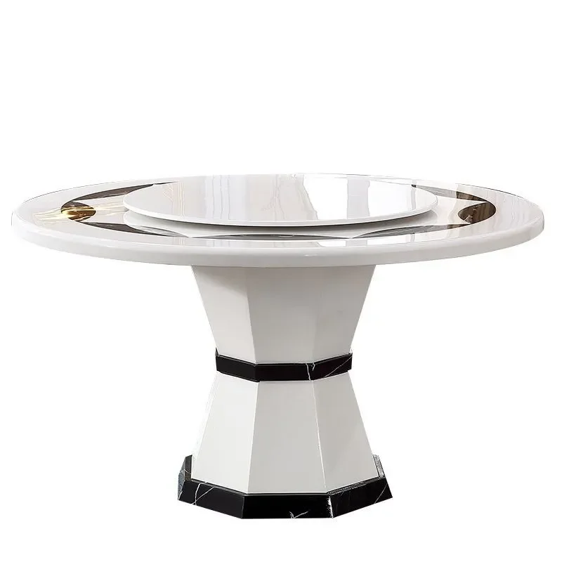 Modern Black White Marble Round Dining Table with Lazy Susan Simple Luxury Design for Villa Home Kitchen