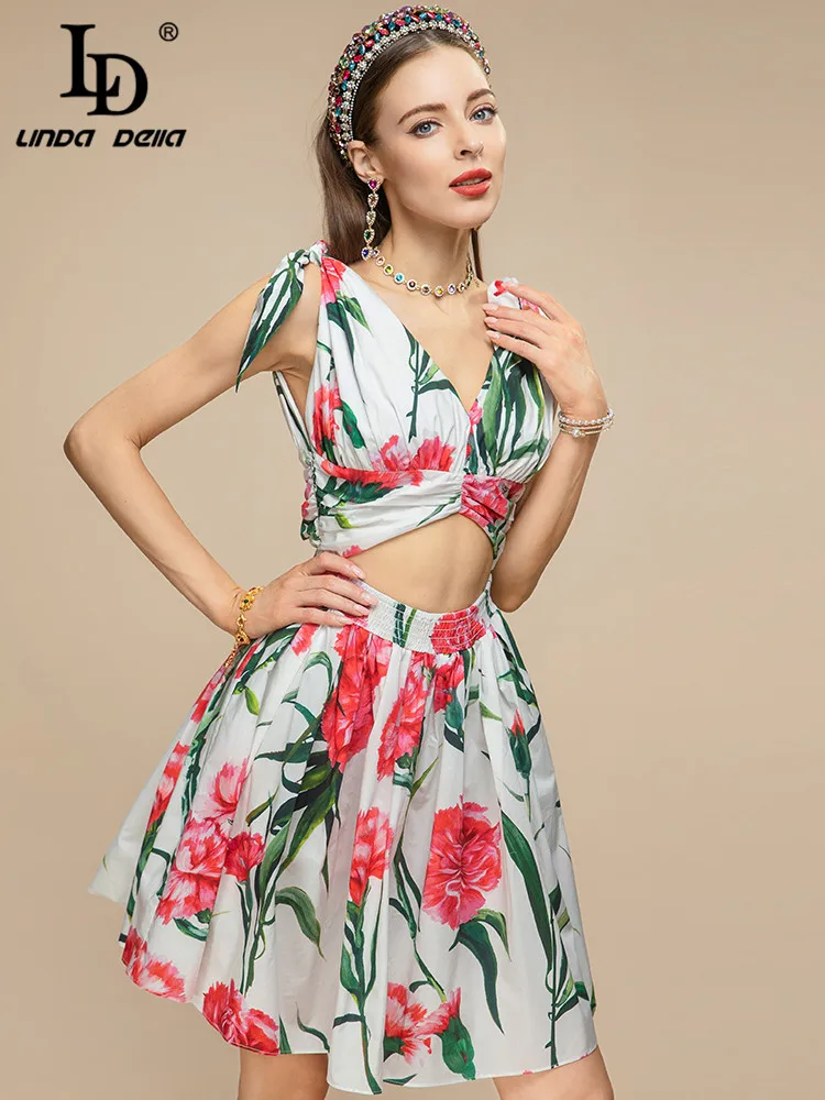 LD LINDA DELLA Designer 2023 Summer Holiday Cotton Dress Women Bow V-neck carnation Flower print Sexy Backless Dress