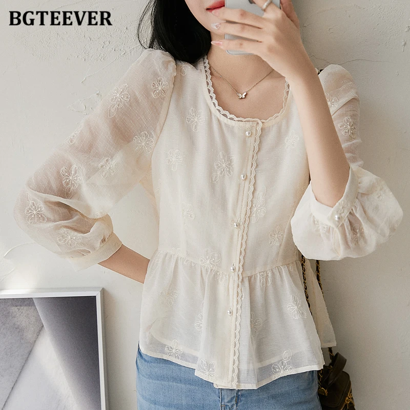 BGTEEVER Chic Vintage Long Sleeve Female Lace Shirts Autumn Elegant Single-brasted Loose Women Embroidery Printed Blouses